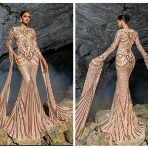 Elegant Long-Sleeve Rose Gold Sequin Gown